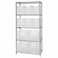 QUANTUM STORAGE SYSTEMS Shelving Unit: 36 in x 18 in x 74 in, 1 Sided, 10 Bins, Clear, 5 Shelves (MPN WR5-600800CL). Key specifications — Frame Color: Chrome; Bin HxWxD: (6) 12-1/2 x 17-1/2 x 10-7/8 in; Frame Material: Carbon Steel; Bin Color: Clear; Brand: QUANTUM STORAGE SYSTEMS.