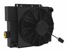 AKG Forced Air Oil Cooler: 20 hp Heat Removed, 50 gpm Max. Flow, 377 psi Max. Pressure, 12V DC (MPN D20-12-BP25). Key specifications — attr96059: SAE #16; attr96056: IP 68; attr96057: 12V DC; attr98919: AKG.