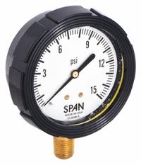 SPAN Pressure Gauge with Internal Seal: 0 psi to 15 psi, LFS-210, 2 1/2 in Dial, Buna-N, Brass, IP65 (MPN LFS-210-15-G-KEMX). Key specifications — Brand: SPAN; Gauge Case Liquid: Glycerin; Seal Fill Liquid: Instrument Oil; Seal Lower Housing Material: Brass; Accuracy: ±1.00%; Gauge Wetted Parts: Brass / Copper.