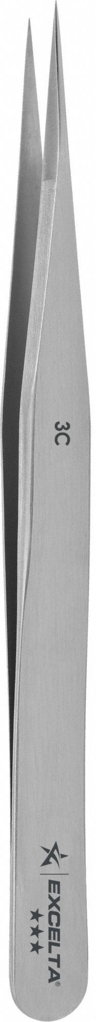 EXCELTA Tweezers: Carbon Steel, Point, Straight Tip, 0.004 in Tip Thick (MPN 3C). Key specifications — attr1002355: Carbon Steel; attr1002345: EXCELTA; attr1002348: Carbon Steel; attr1002358: Smooth; attr1002361: 3C; attr1024781: Standard.