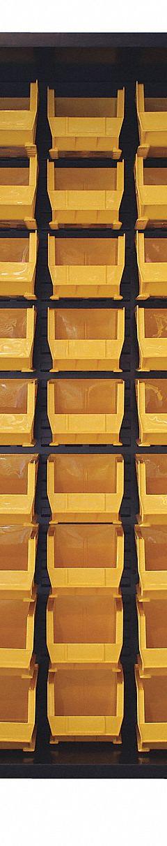 JAMCO Bin Cabinet: 48 in x 24 in 78 in, 0 Shelves, 27 Bins, Yellow, Ventilated, 14 ga Panel, Black (MPN DK248BL). Key specifications — Bin Color: Yellow; Bin HxWxD: (18) 7 in x 16-1/2 in x 14-3/4 in; Assembled: Assembled; Cabinet Style: Shelf and Bin; Brand: JAMCO; Cabinet Color: Black; Cabinet Finish: Powder Coated; Cabinet Material: Steel.