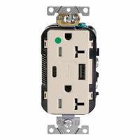 USB Receptacle: Duplex, 5-20R, 1 USB Ports, USB Type A/C, Light Almond, 125V AC, 20 A (MPN T5833-HGT). Key specifications — Brand: LEVITON.