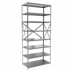 HALLOWELL Metal Shelving: Standalone, Heavy-Duty, 36 in x 18 in, 84 in Overall Ht, 8 Shelves (MPN F7513-18HG). Key specifications — attr41760: Steel; attr41761: Steel; attr37625: Unassembled; attr37628: Gray; attr33609: HALLOWELL.