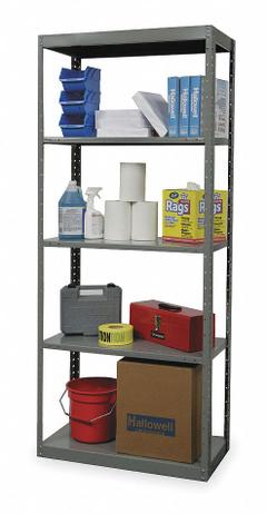 HALLOWELL Metal Shelving: Standalone, Heavy-Duty, 48 in x 24 in, 84 in Overall Ht, 5 Shelves (MPN DT5710-24HG). Key specifications — Frame Material: Steel; Shelving Material: Steel; Assembled: Unassembled; Color: Gray; Brand: HALLOWELL.