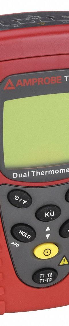 AMPROBE Thermocouple Thermometer: For Type J/Type K Thermocouple Type, 2 Channels (MPN TMD-10). Key specifications — Testing Functions: Min/Max Temperature; Accuracy: ±0.05 % + 1.4 °F; Brand: AMPROBE.