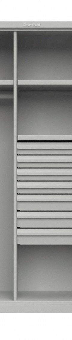 STRONG HOLD Storage Cabinet: 24 in x 75 in, 3 Shelves, 7 Drawers, Swing Handle & Padlock Hasp, Adj (MPN 46-W-243-7DB-L). Key specifications — attr113700: Adjustable; attr113673: Legs; attr113674: Gray; attr113685: Assembled; attr113675: Hanging Rods; attr66488: STRONG HOLD; attr113676: Drawer, Shelf, and Hanging Rod; attr143624: 3 Adjustable Shelves.