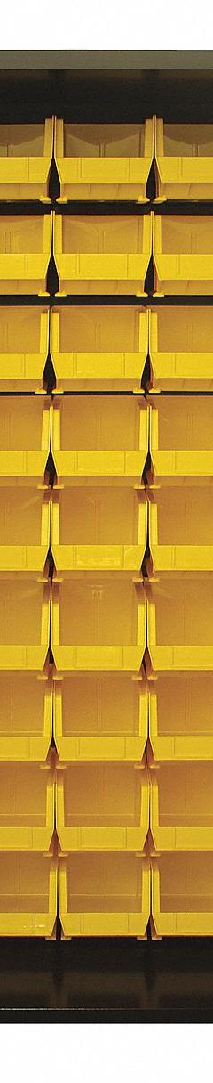 JAMCO Bin Cabinet: 48 in x 24 in 78 in, 0 Shelves, 173 Bins, Yellow, Flush, 14 ga Panel, Black, Bins (MPN DZ248BL). Key specifications — Bin Color: Yellow; Bin HxWxD: (128) 3 in x 4-1/8 in x 7-1/2 in; Assembled: Assembled; Cabinet Style: Shelf and Bin; Brand: JAMCO; Cabinet Color: Black; Cabinet Finish: Powder Coated; Cabinet Material: Steel.
