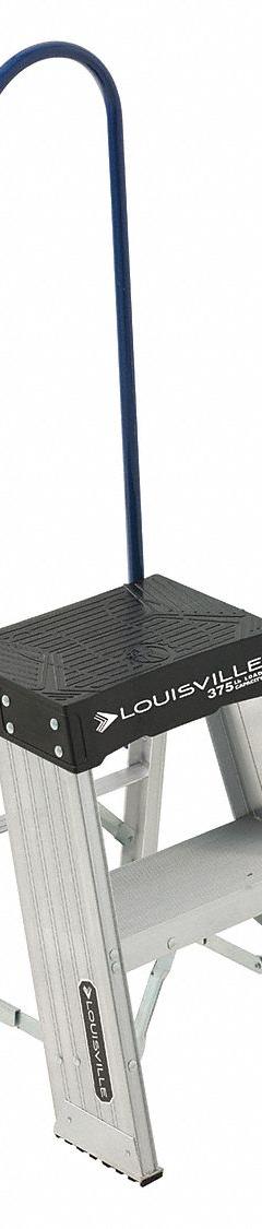LOUISVILLE LADDER Step Stool: 2.3 ft Overall Ht, 375 lb Load Cap, 2 Steps, Aluminum, Unassembled (MPN AY8002-S55S56). Key specifications — Product Type: Step Stool; Stacking: Not Stackable; Brand: LOUISVILLE LADDER; Color: Silver; Feet Material: Rubber; Feet Type: Slip-Resistant; Folding: Foldable; Includes Handrails: Handrails Included.
