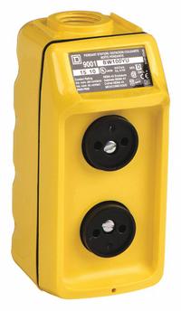 SQUARE D Pendant Control Station: (2) Push Buttons, 2NO, No Legend, NEMA 1/3/3R/4/4X (MPN 9001BW100YU). Key specifications — AC Contact Rating: 5 A @ 600 V; Action: Momentary/Momentary; DC Contact Rating: 5 A @ 600 V; Enclosure Material: Thermoplastic; Hub Style: Dead-End; Legend: No Legend; Operator Configuration: (2) Push Buttons; Brand: SQUARE D.
