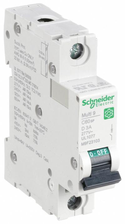 SCHNEIDER Supplementary Protector: 3 A Amps, 60V DC, 14kA at 120/240V AC, Screw Clamp - D-Curve, 1-Pole UL1077 DIN Rail-Mount Supplementary Protectors