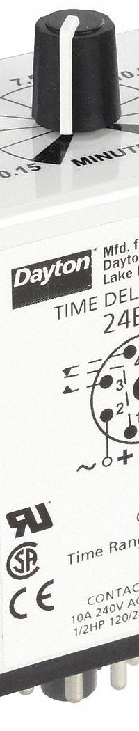 DAYTON Single Function Time Delay Relay: Socket Mounted, 24V AC/DC, 10 A, 8 Pins/Terminals, On Delay (MPN 24EP12). Key specifications — Brand: DAYTON.