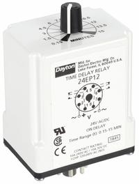 DAYTON Single Function Time Delay Relay: Socket Mounted, 24V AC/DC, 10 A, 8 Pins/Terminals, On Delay (MPN 24EP12). Key specifications — Brand: DAYTON.