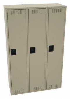 TENNSCO Wardrobe Locker: 45 in x 18 in x 78 in, Louvered, 1 Tiers, 3 Units Wide, Padlock Hasp, Tan (MPN STS-151872-CSD). Key specifications — Brand: TENNSCO; Locker Color: Tan; Door Type: Louvered; Locker Material: Steel; Assembled: Assembled; Number Plate Included: Yes.