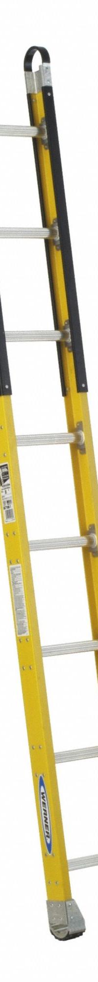 WERNER Straight Ladder: 8 ft Ladder Size, Fiberglass, 375 lb Load Capacity, 20 lb Wt, 8 Rungs (MPN M7108-1). Key specifications — Color: Yellow; Brand: WERNER; Included Features: Side Rail Bumpers; Shoe Type: Slip-Resistant.