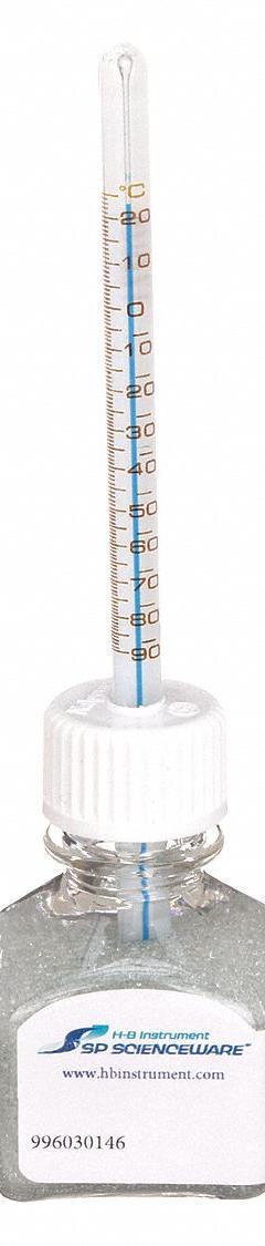 DURAC PLUS Bottle Thermometer: -90°C to 25°C, +/-1.5°C/+/-2.5°C Below -50°C, 30 mL Bottle Volume (MPN B60600-0800). Key specifications — Bottle Fill Medium: Glass Beads; Temperature Units: Celsius; Accuracy: +/-2.5°C Below -50°C; Brand: DURAC PLUS.
