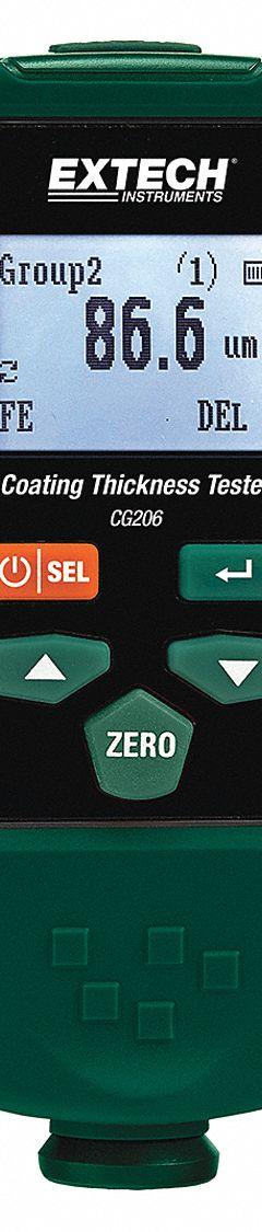 EXTECH Coating Thickness Tester: 53 mil Max Thick Measured, 0 mil Min Thick Measured, Not Certified (MPN CG206). Key specifications — attr1002573: Not Certified; attr1002580: Digital; attr1002599: +/-2.5%; attr1002571: EXTECH; attr1002581: Precision Standards.