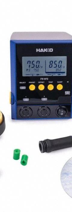 HAKKO Soldering Station: 2 Channel, 200 W, ESD Safe (MPN FX972-010). Key specifications — Handpiece Style: Soldering Iron; Manufacturer Part Number: FX972-010; ESD Safe: Yes; Brand: HAKKO.