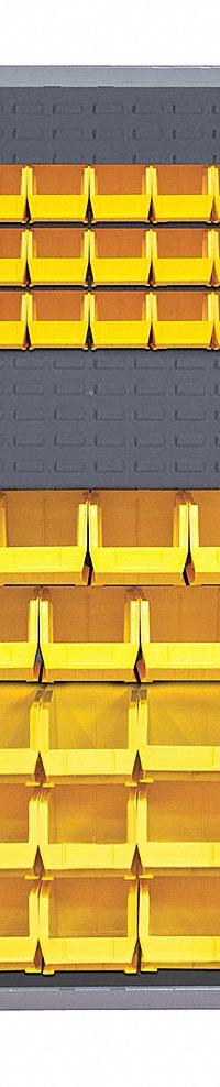 DURHAM MFG Bin Cabinet: 48 in x 24 in 72 in, 6 Shelves, 114 Bins, Yellow, Deep Box, 14 ga Panel (MPN DC48-114-6DS-95). Key specifications — Bin Color: Yellow; Bin HxWxD: (72) 4 in x 7 in x 3 in; Assembled: Assembled; Cabinet Style: Shelf and Bin; Brand: DURHAM MFG; Cabinet Color: Gray; Cabinet Finish: Powder Coated; Cabinet Material: Steel.