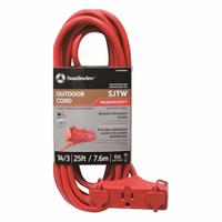 SOUTHWIRE Extension Cord: Outdoor Use, 25 ft Lg, 3 Outlets, 5-15P, 14/3, SJTW, Red, Single Connector (MPN 4217SW8804). Key specifications — Brand: SOUTHWIRE; Temperature Rating: -40 Degrees to 140 Degrees F; NEMA Plug Configuration: 5-15P.