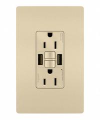 USB Receptacle: Duplex, 5-15R, 2 USB Ports, USB Type A, Ivory, 125V AC, 15 A, GFCI (MPN 1597TRUSBAAI). Key specifications — Brand: LEGRAND.