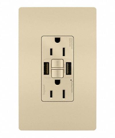 LEGRAND Receptacle: Duplex, 5-15R, 2 USB Ports, USB Type A, Ivory, 125V AC, 15 A - Weather-Resistant Receptacles with USB Chargers