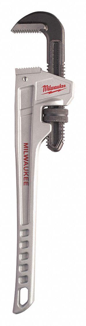 MILWAUKEE Pipe Wrench: Aluminum, 2 1/2 in Jaw Capacity, Serrated, 18 in Overall Lg - Straight Pipe Wrenches