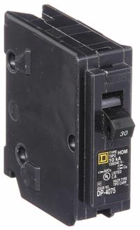 SQUARE D Miniature Circuit Breaker: 30 A, 120V AC, Single Phase, 10kA at 120V AC, 1 Poles, Std (MPN HOM130). Key specifications — Phase: Single; Amps: 30 A; AC Voltage Rating: 120V AC; Max. AIR Rating: 10kA at 120V AC; For Use With: Homeline Load Center; Brand: SQUARE D.