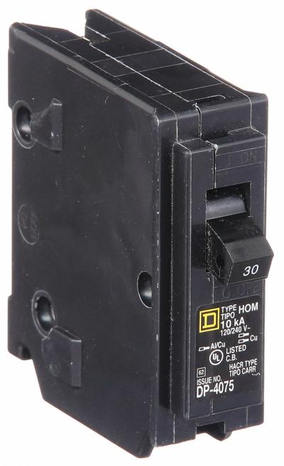 SQUARE D Miniature Circuit Breaker: 30 A, 120V AC, Single Phase, 10kA at 120V AC - HOM Series, Plug-In Square D Miniature Circuit Breakers