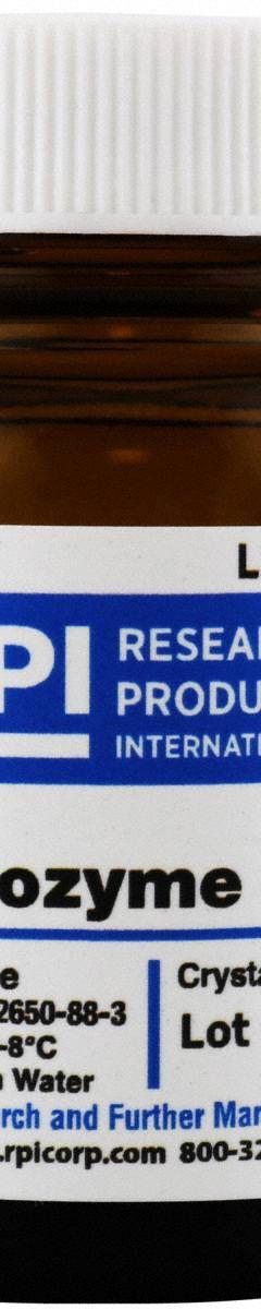 RPI Lysozyme from Chicken Egg White: 1 g Volume, Powder, Glass (MPN L38100-1.0). Key specifications — Form: Powder; Brand: RPI; Chemical Grade: Lab; Container Material: Glass.