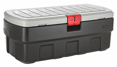 RUBBERMAID Attached Lid Tote: 48 gal, 44 1/4 in x 20 5/8 in x 17 1/4 in, Black Body - Attached-Lid Totes with One-Piece Lids