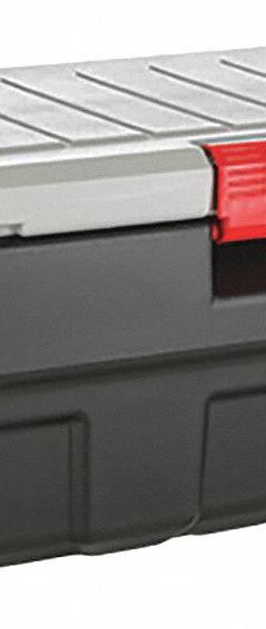 RUBBERMAID Attached Lid Tote: 48 gal, 44 1/4 in x 20 5/8 in x 17 1/4 in, Black Body, Gray Lid (MPN 1949210). Key specifications — Material: Plastic; Brand: RUBBERMAID.