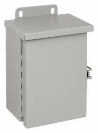 WIEGMANN Enclosure: Steel, 8 in x 6 in x 4 in, 3R, Solid Cover, Hinged, Included, Painted (MPN RHC060804). Key specifications — Brand: WIEGMANN; Closure Method: Padlock Hasp; Knockouts: Included.