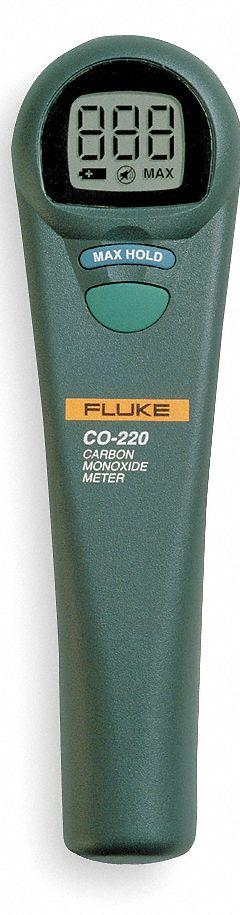 FLUKE Carbon Monoxide Detector: Built in Sensors/Self-Test, Gas Analyzers for Carbon Monoxide, LCD (MPN FLUKE-CO-220). Key specifications — attr1000617: FLUKE-CO-220; attr1000624: FLUKE; attr1000625: Available Separately; attr1000626: LCD; attr1000629: Self-Test Sequence; attr1000630: Soft Carrying Case; attr1000647: 5%; attr1000648: Battery.