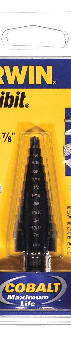 IRWIN Step Drill Bit: 3/16" to 7/8", Black Oxide Cobalt, 3-Flats Shank (MPN 10234cb). Key specifications — attr1234936: Not Impact Rated.