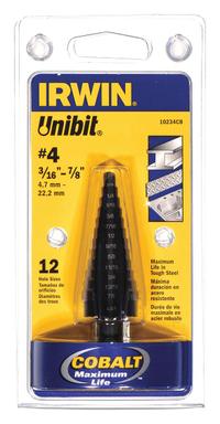 IRWIN Step Drill Bit: 3/16" to 7/8", Black Oxide Cobalt, 3-Flats Shank (MPN 10234cb). Key specifications — attr1234936: Not Impact Rated.