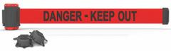 BANNER STAKES Magnetic Retractable Belt Barrier: Magnet, 7 ft Belt Lg, Danger Messaging, Red (MPN MH7008). Key specifications — attr981520: Black; attr981527: Black; attr193646: BANNER STAKES; attr981511: Red.