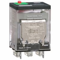 SCHNEIDER General Purpose Relay: Socket Mounted, 15 A Current Rating, 24V AC, 3PDT, E Socket (MPN 783XCXM4L-24A). Key specifications — Brand: SCHNEIDER; Base Type: Square; Mounting Style: Socket; Electrical Connection: Faston Terminal; Manufacturer Part Number: 783XCXM4L-24A; Operating Current: 15 A at 120 to 277V; Series: 783 Series.