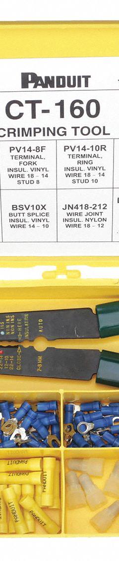 PANDUIT Wire Terminal Kit: 147 Pieces, 22 AWG – 10 AWG Wire Sizes, Crimping Tool (MPN KP-1165Y). Key specifications — Manufacturer Part Number: KP-1165Y; Brand: PANDUIT; Includes: (5) JN418-212 Nylon Wire Joints; Tool Included: Crimping Tool.