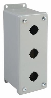 HOFFMAN Push Button Enclosure: 22mm, 3 Holes, Carbon Steel, NEMA 12 (MPN E3PBGXM). Key specifications — Brand: HOFFMAN; Environments & Applications: Indoor Dust & Water Droplets.