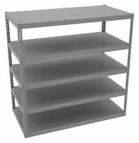 TENNSCO Boltless Shelving: Standalone, Extra-Heavy-Duty, 72 in x 36 in, 72 in Overall Ht, 5 Shelves (MPN RXHS-723672). Key specifications — Finish: Powder Coated; Maximum Post Load Capacity: 13,000 lb with Beam Evenly Spaced at 24 in; Decking Material: Steel; Color: Medium Gray; Beam Profile: Channel; Brand: TENNSCO; Side Panel: Open.