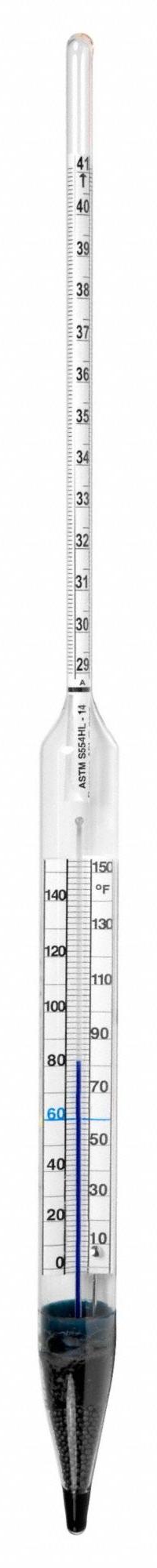 API Hydrometer: API ASTM Combined Form, 29/41, 0.1, Glass, +/-0.1°, 15 in Overall Ht (MPN 6754HTS). Key specifications — Features: 0 to 150ºF Thermometer; Range: 29/41; Scale Divisions: 0.1; Scale Type: API ASTM Combined Form.