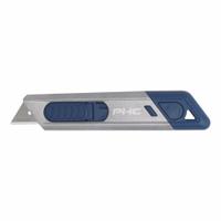PACIFIC HANDY CUTTER, INC Utility Knife: 6 in Overall Lg, Textured, 1 1/4 in Overall Wd, Metal, Blue (MPN E12215-9). Key specifications — attr307884: Tool-Free; attr307885: Carbon Steel Rounded Tip; attr307882: Blue; attr307878: Textured; attr307881: Metal; attr324892: PACIFIC HANDY CUTTER, INC.