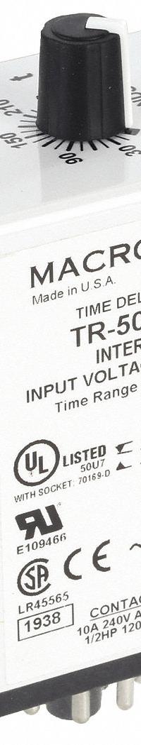 MACROMATIC Single Function Time Delay Relay: Socket Mounted, 120V AC/DC, 10 A, 8 Pins/Terminals (MPN TR-50522-12). Key specifications — Brand: MACROMATIC.