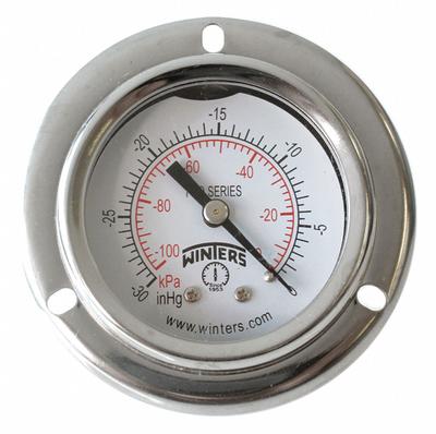 WINTERS Panel-Mount Vacuum Gauge: Front Flange, 2 in Dial, 1/8 in NPT Male, Center Back - Front-Flange Panel-Mount with Brass/Bronze Wetted Parts