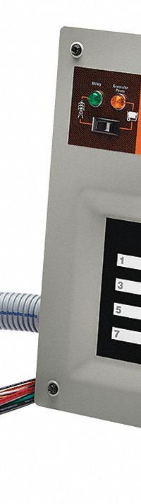 GENERAC Upgradable Manual Transfer Switch: Single Phase, 120/240V AC, 50 A Current Rating, 16 Spaces (MPN 9854). Key specifications — Includes: 12 in Pre-Wired Whip; Brand: GENERAC; Prewired: Yes; Rated Voltage: 120/240V AC.