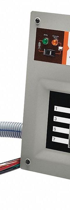 GENERAC Upgradable Manual Transfer Switch: Single Phase, 120/240V AC, 50 A Current Rating, 16 Spaces (MPN 9854). Key specifications — Includes: 12 in Pre-Wired Whip; Brand: GENERAC; Prewired: Yes; Rated Voltage: 120/240V AC.