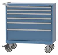 LISTA Modular Drawer Cabinet: 40 1/4 in x 22 1/2 in x 43 1/4 in, 6 Drawers, Tubular, Adj Dividers (MPN HS07-0602A-MBKABB). Key specifications — Cabinet Color: Bright Blue; Frame Assembled: Assembled; Base Type: Casters; Drawer Inside Height: (1) 9 in; Drawer HxWxD: (2) 2 in x 36 in x 18 in; Drawer Handle Type: Tubular; Cabinet Material: Steel; Cabinet Finish: Powder Coated.