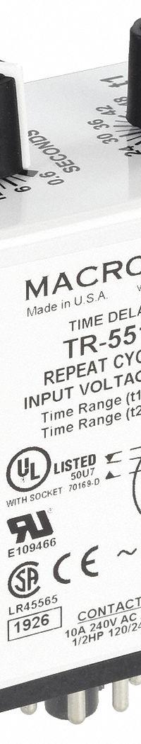 MACROMATIC Single Function Time Delay Relay: Socket Mounted, 24V AC/DC, 10 A, 8 Pins/Terminals (MPN TR-55128-08). Key specifications — Brand: MACROMATIC.