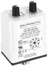 MACROMATIC Single Function Time Delay Relay: Socket Mounted, 24V AC/DC, 10 A, 8 Pins/Terminals (MPN TR-55128-08). Key specifications — Brand: MACROMATIC.