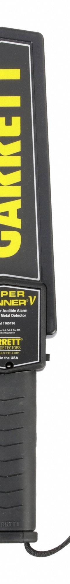 GARRETT METAL DETECTORS Hand-Held Metal Detector: 16 1/2 in L x 3 1/4 in W x 1 5/8 in H (MPN 1165190). Key specifications — Alert Type: Sound; Batteries Included: Batteries Included; Battery Size: 9V; Brand: GARRETT METAL DETECTORS.